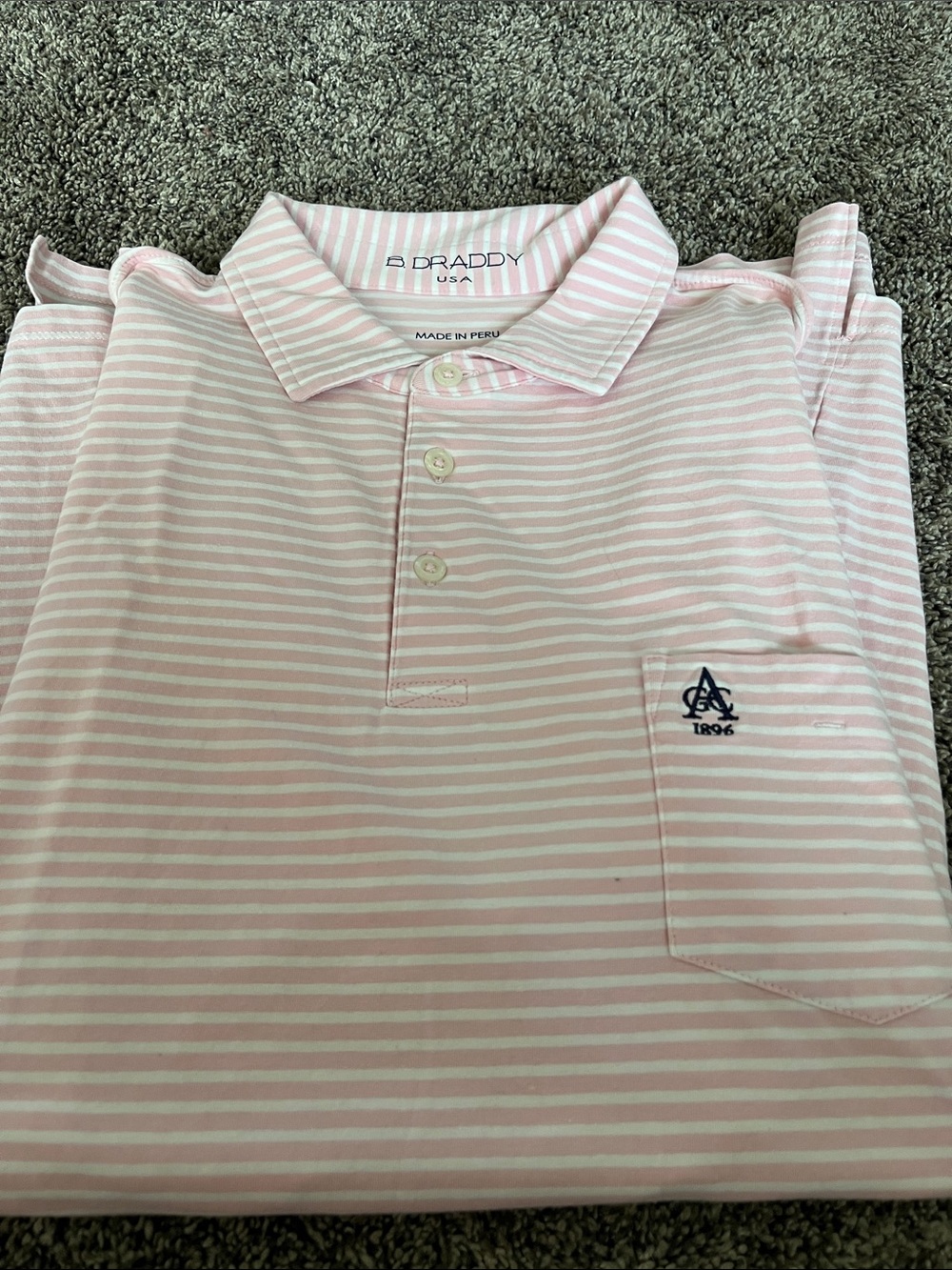 B Draddy Aronimink Pink & White Striped Polo with logo. Small.